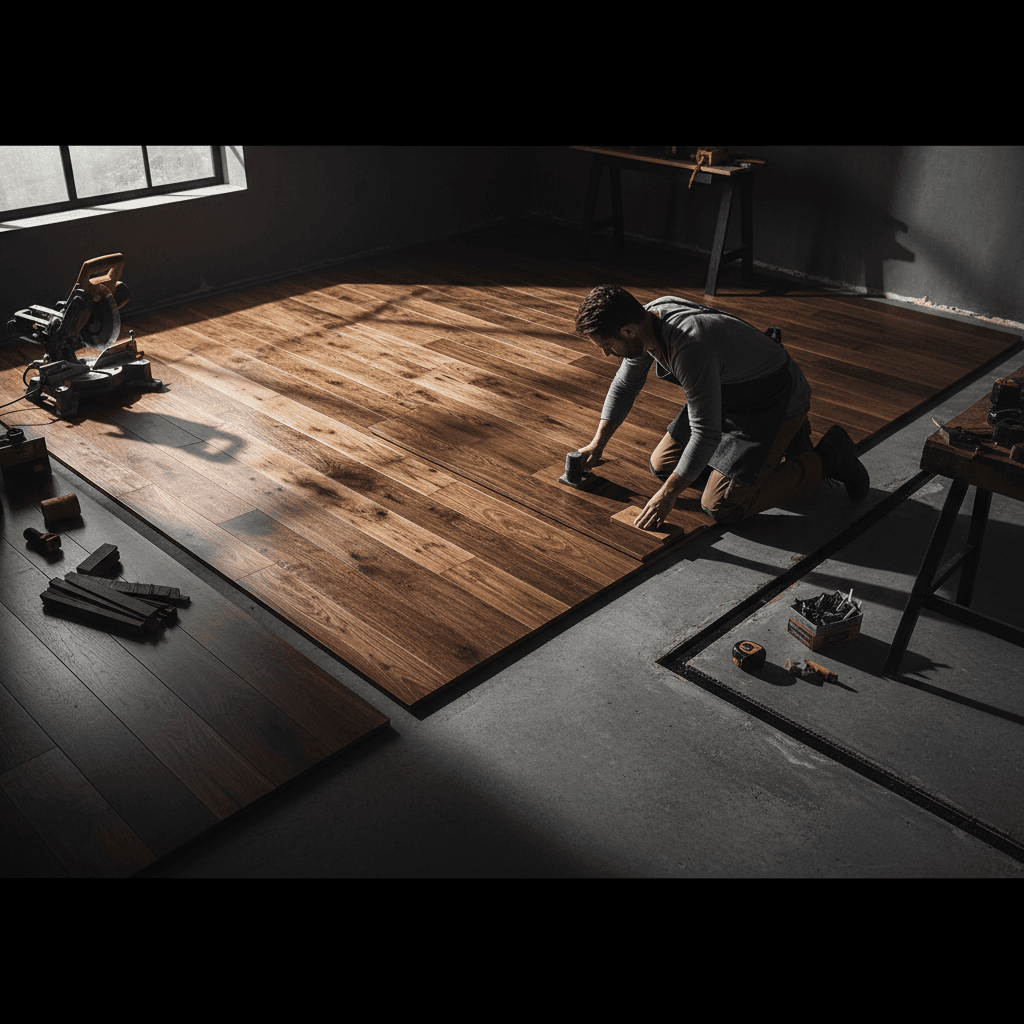 Flooring specialist installing hardwood planks