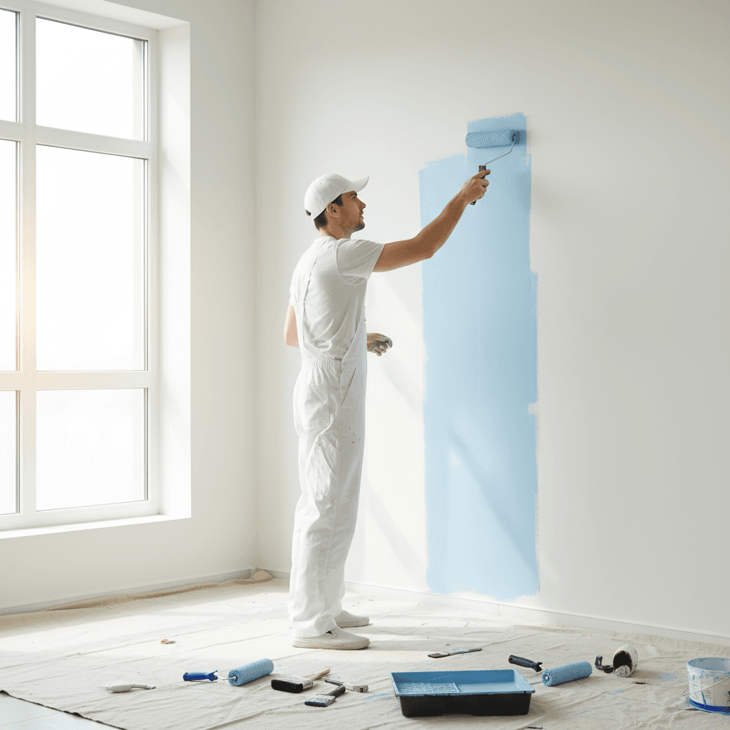 Professional painter applying interior wall finish