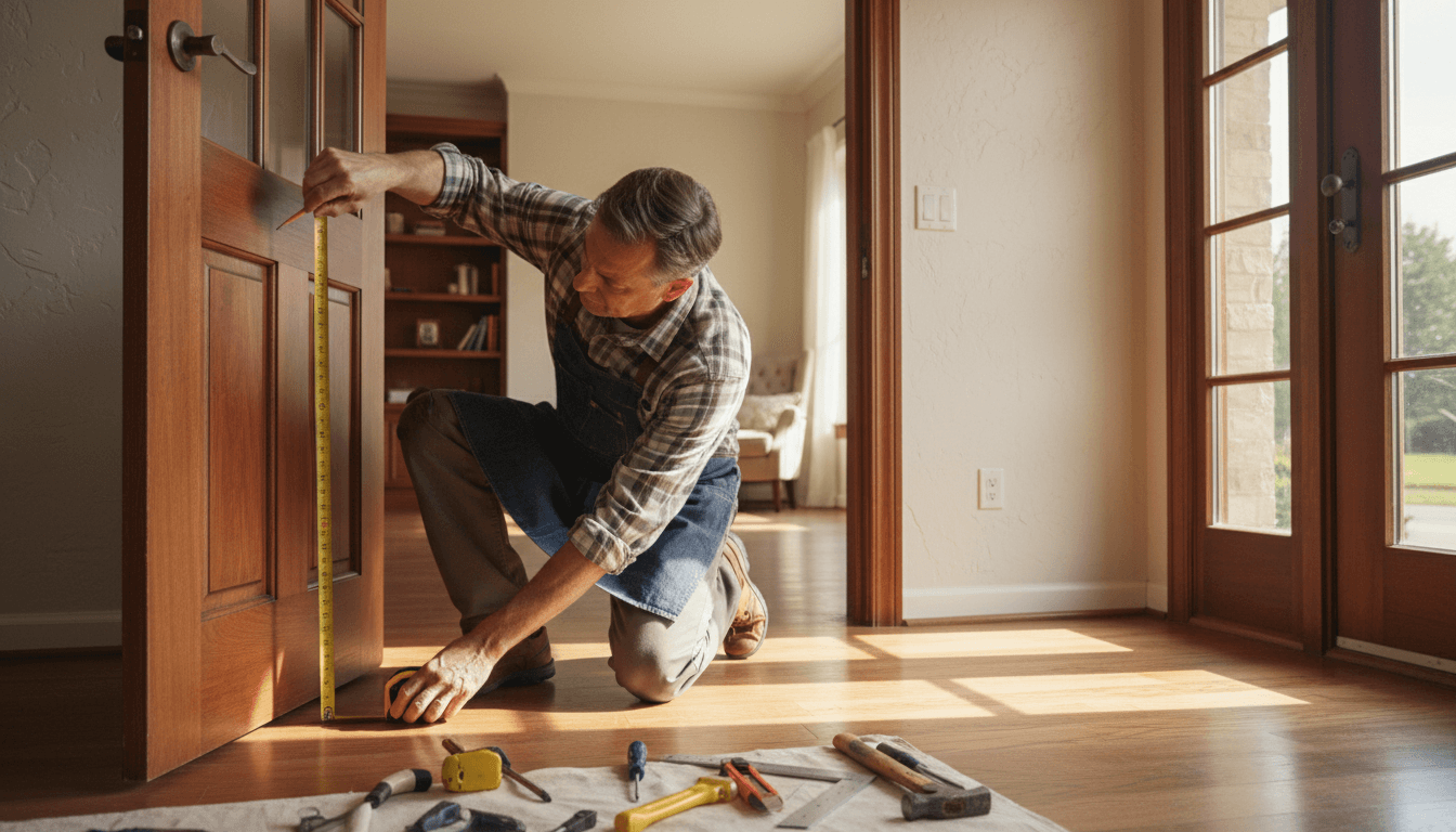 Handyman carefully measuring and marking a wooden doorframe during residential installation