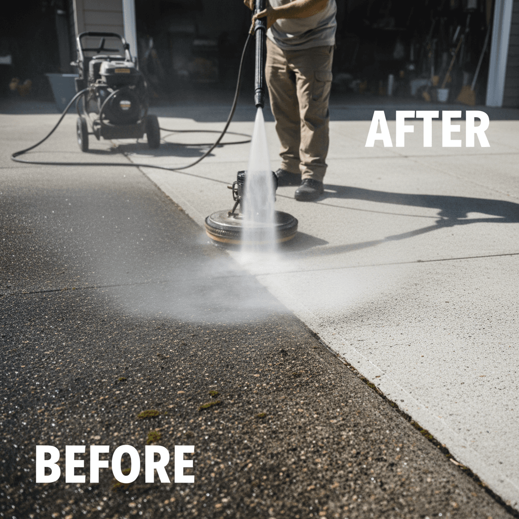 Pressure washing service removing dirt from driveway