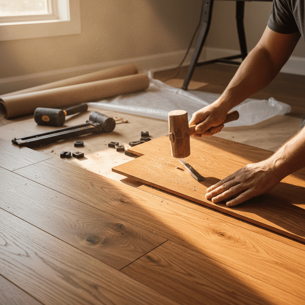 Hardwood flooring installation in progress with carpenter's hands positioning planks