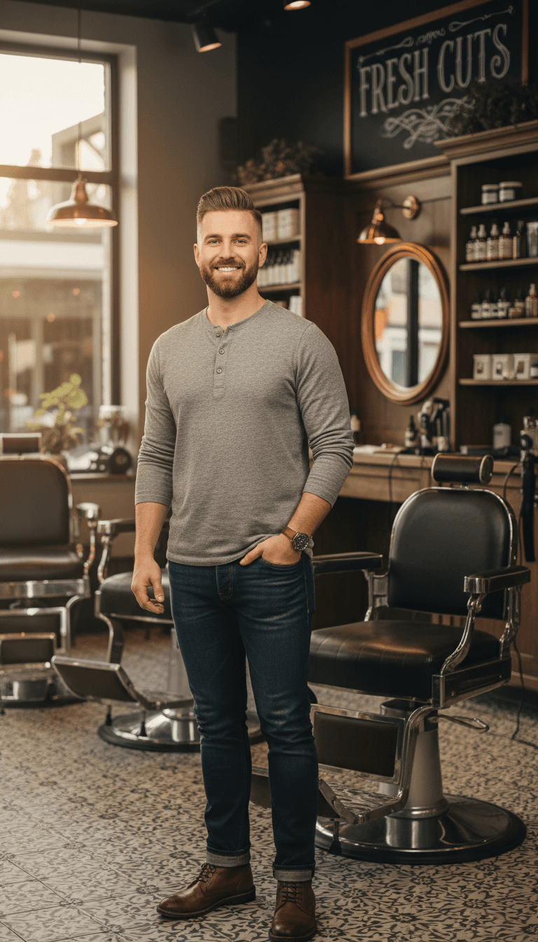 Satisfied male client standing confidently in barbershop after professional haircut and grooming service