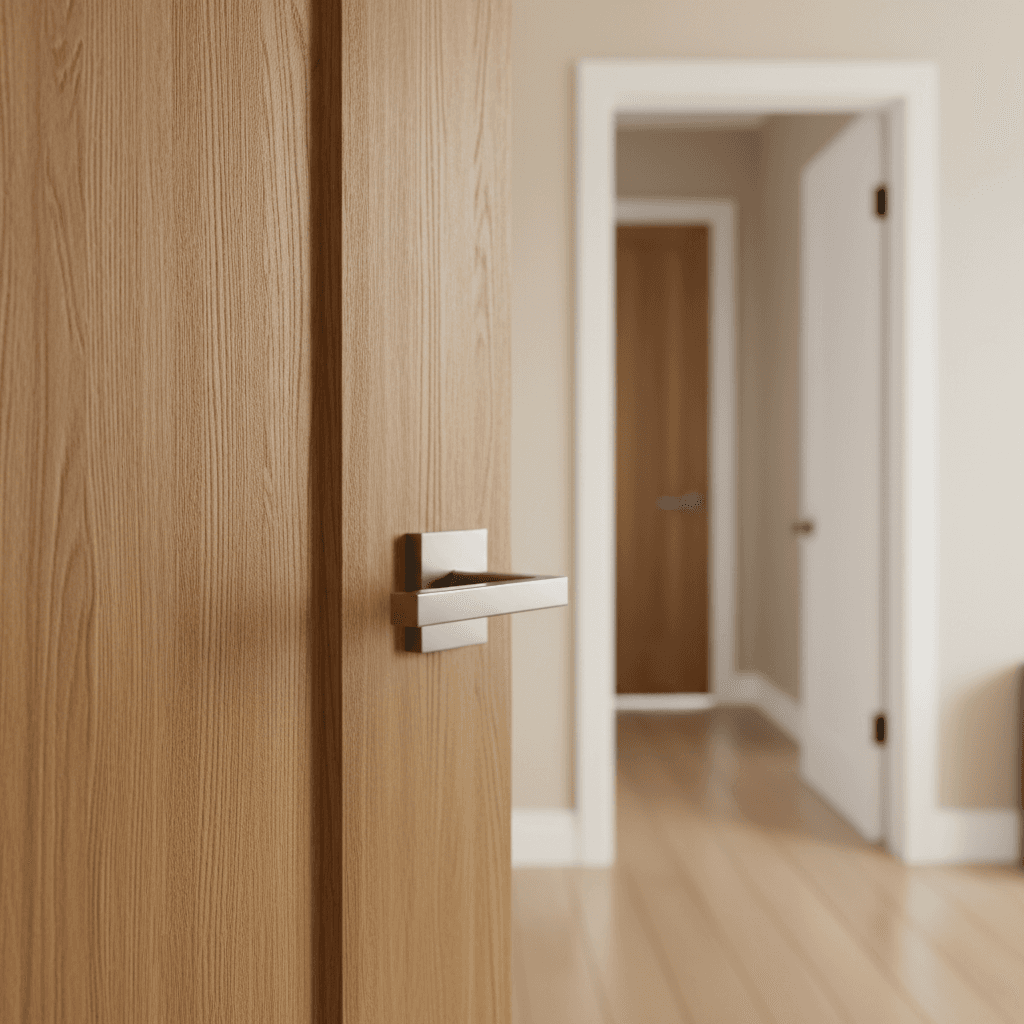 Newly installed interior door with detailed view of frame and hardware