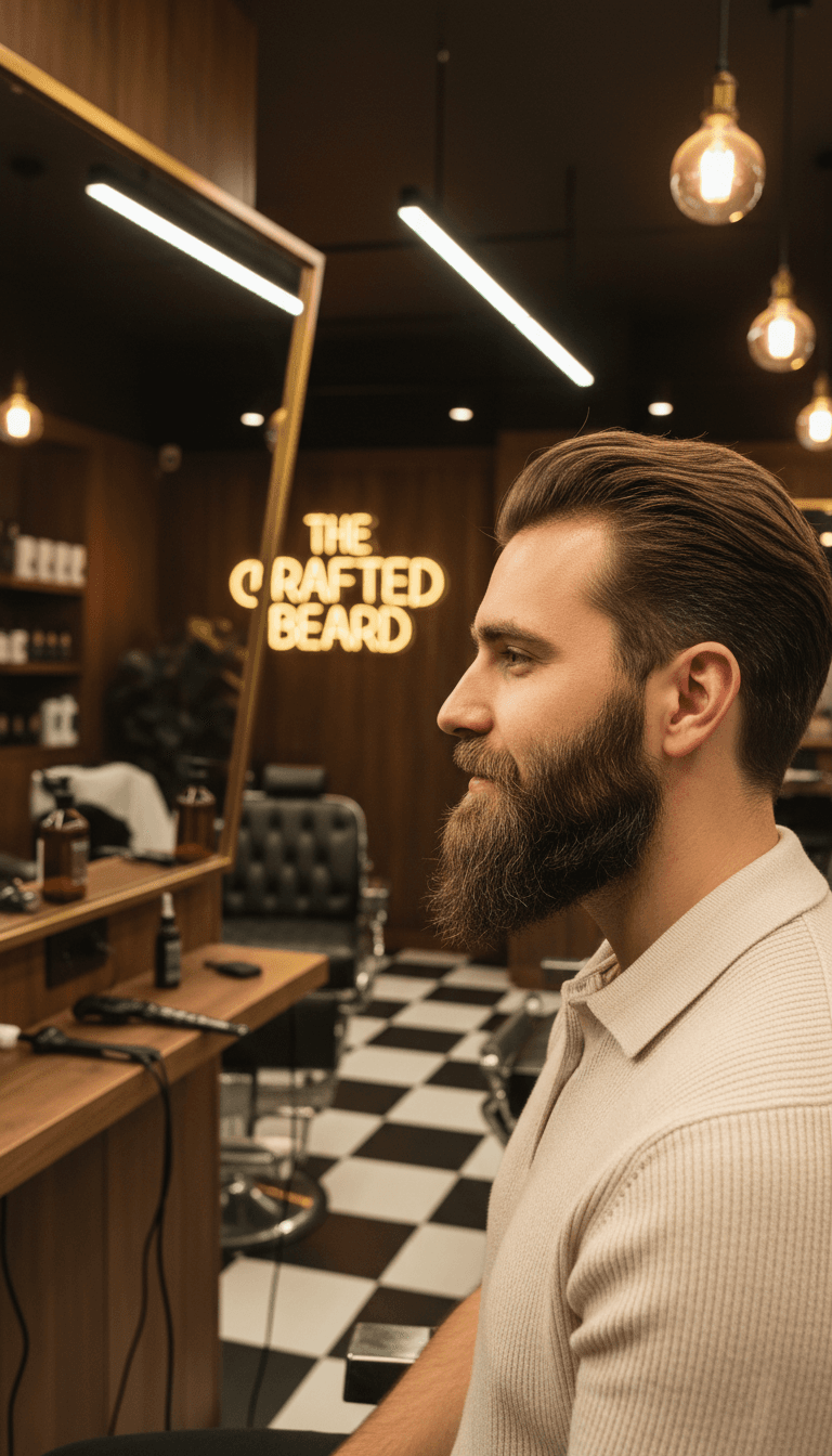 Satisfied male client examining his professionally groomed beard and styled hair in barbershop mirror