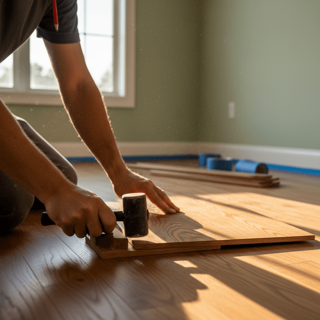 Hardwood flooring installation in progress