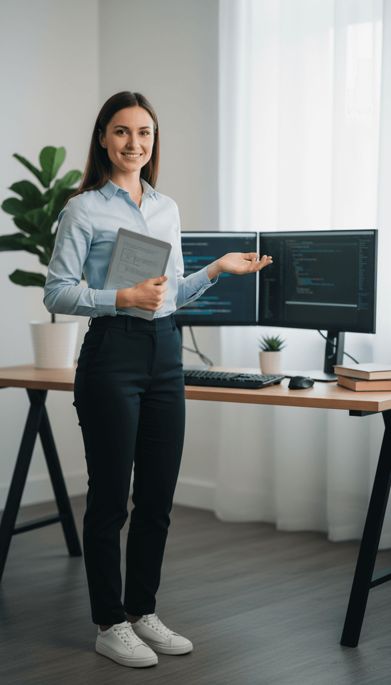 Professional female developer standing confidently at her workspace with monitors and design tools