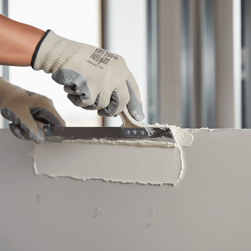 Drywall taping and mudding work showing professional wall preparation