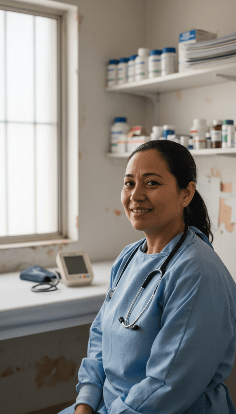 Community health worker standing confidently in modest clinic wearing protective gown and stethoscope with warm, approachable expression