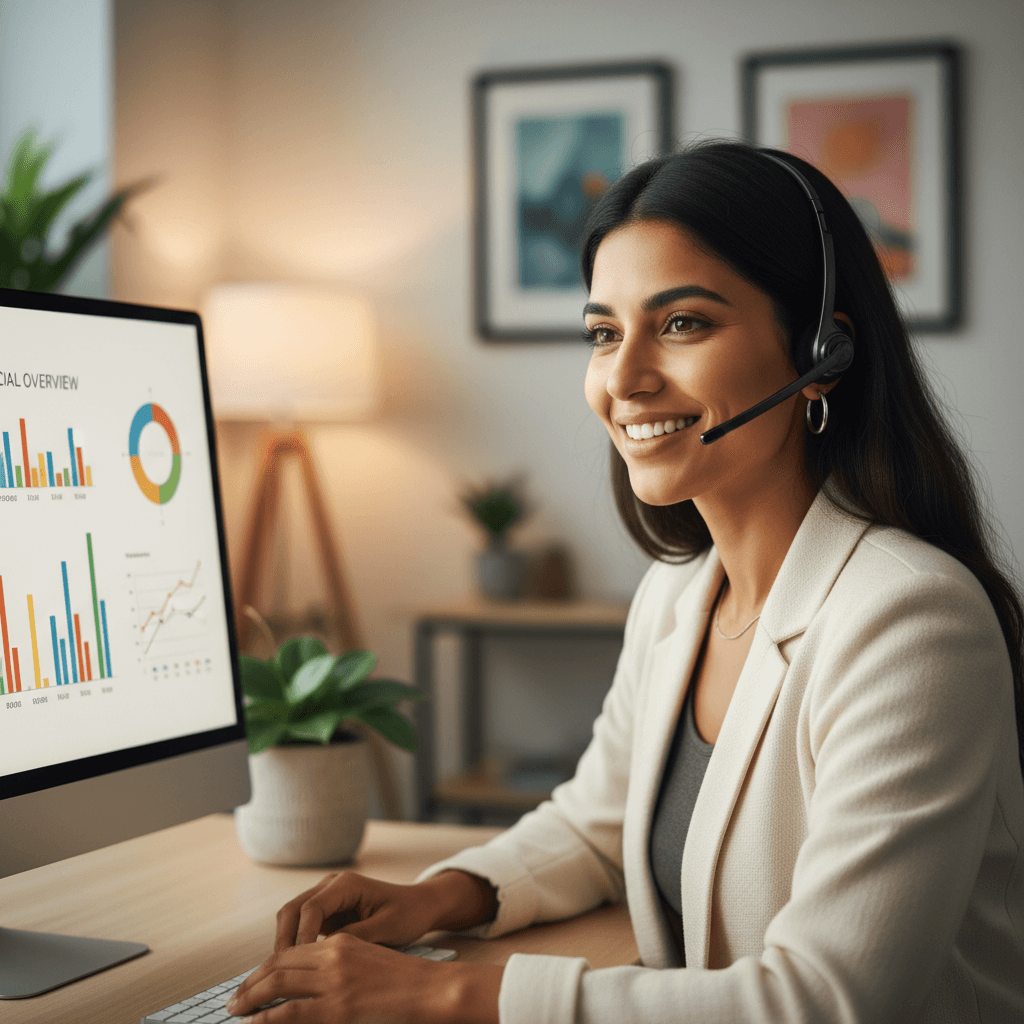 Professional woman in headset speaking with customer about loan services at desk