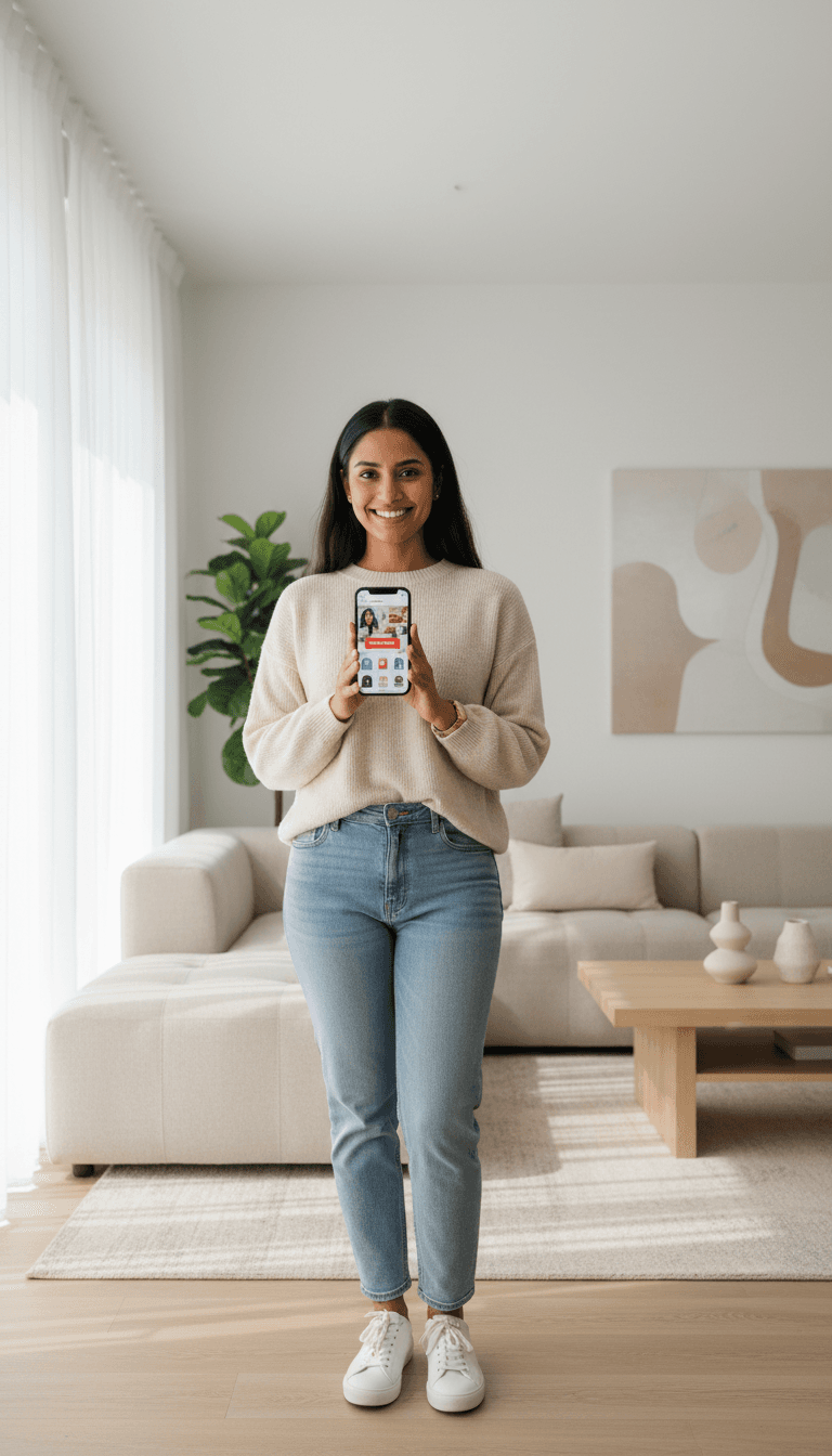 Woman standing in modern living room holding smartphone while browsing e-commerce products with satisfied expression