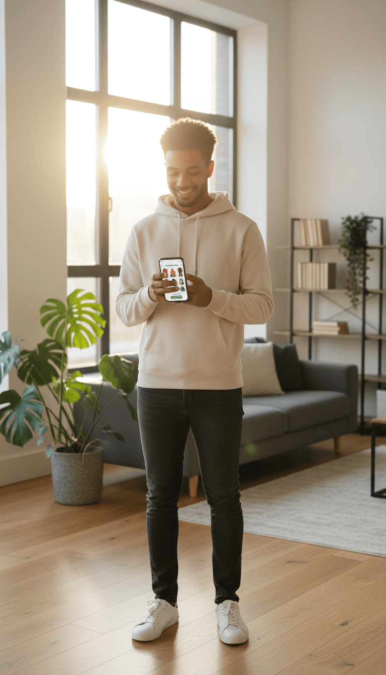 Young man standing by window viewing e-commerce products on smartphone in modern apartment with natural daylight