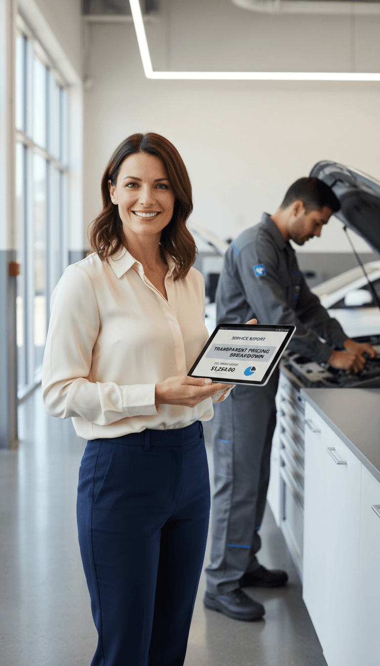 Vehicle owner reviewing detailed service estimate and transparent pricing on tablet in workshop