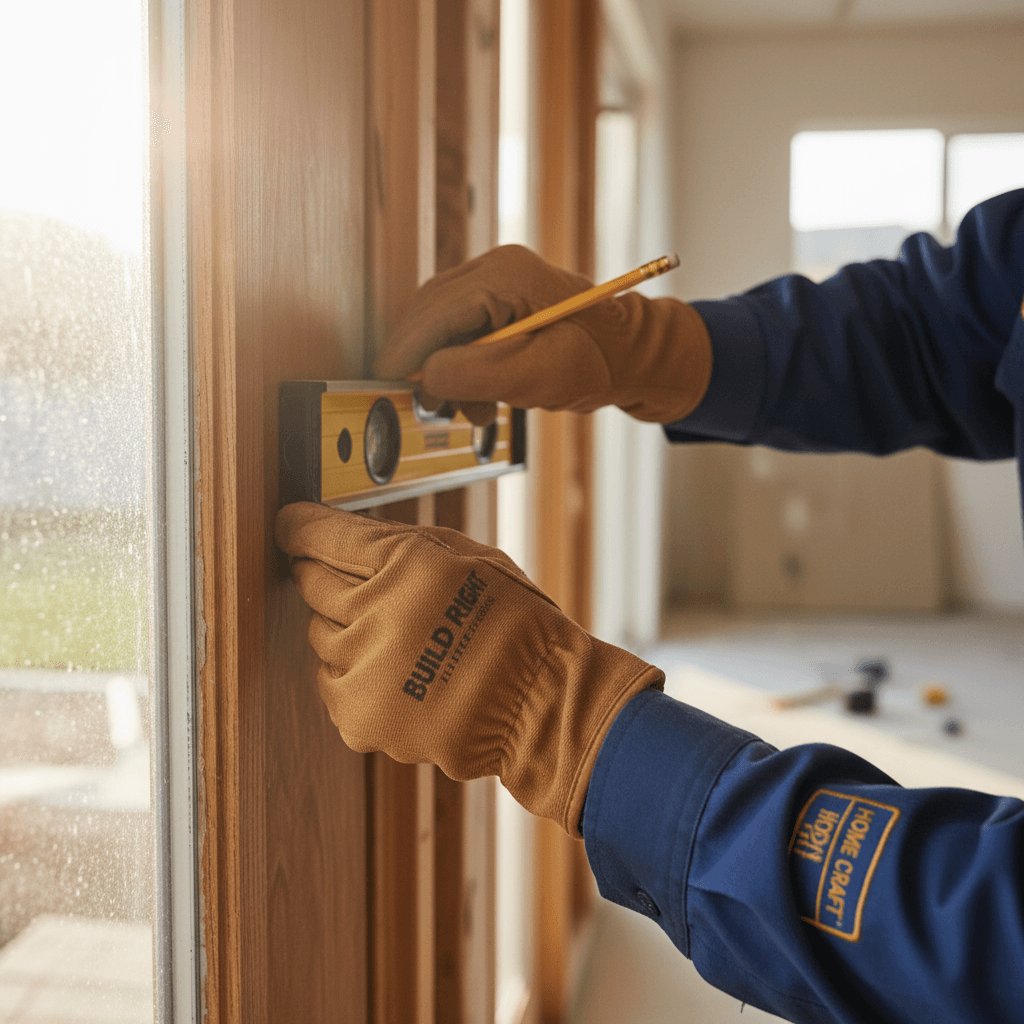 Skilled handyman measuring and marking a wooden door frame with precision