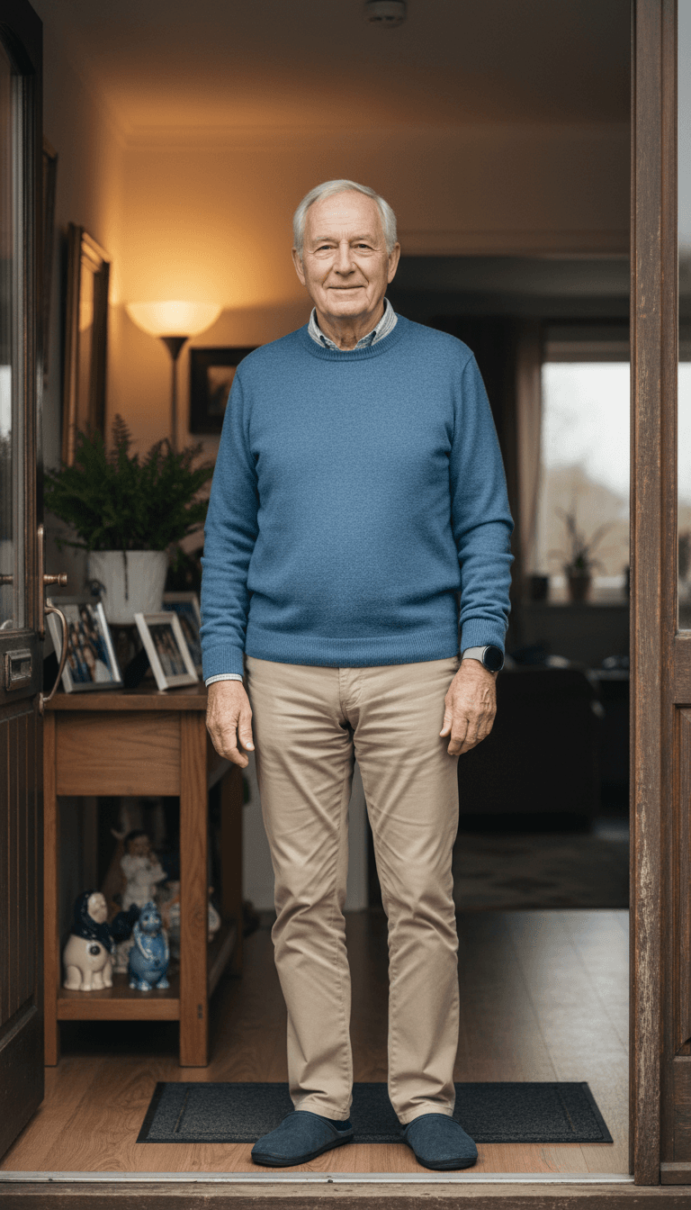 Confident elderly man standing in home doorway wearing tracking device, calm content expression, natural daylight