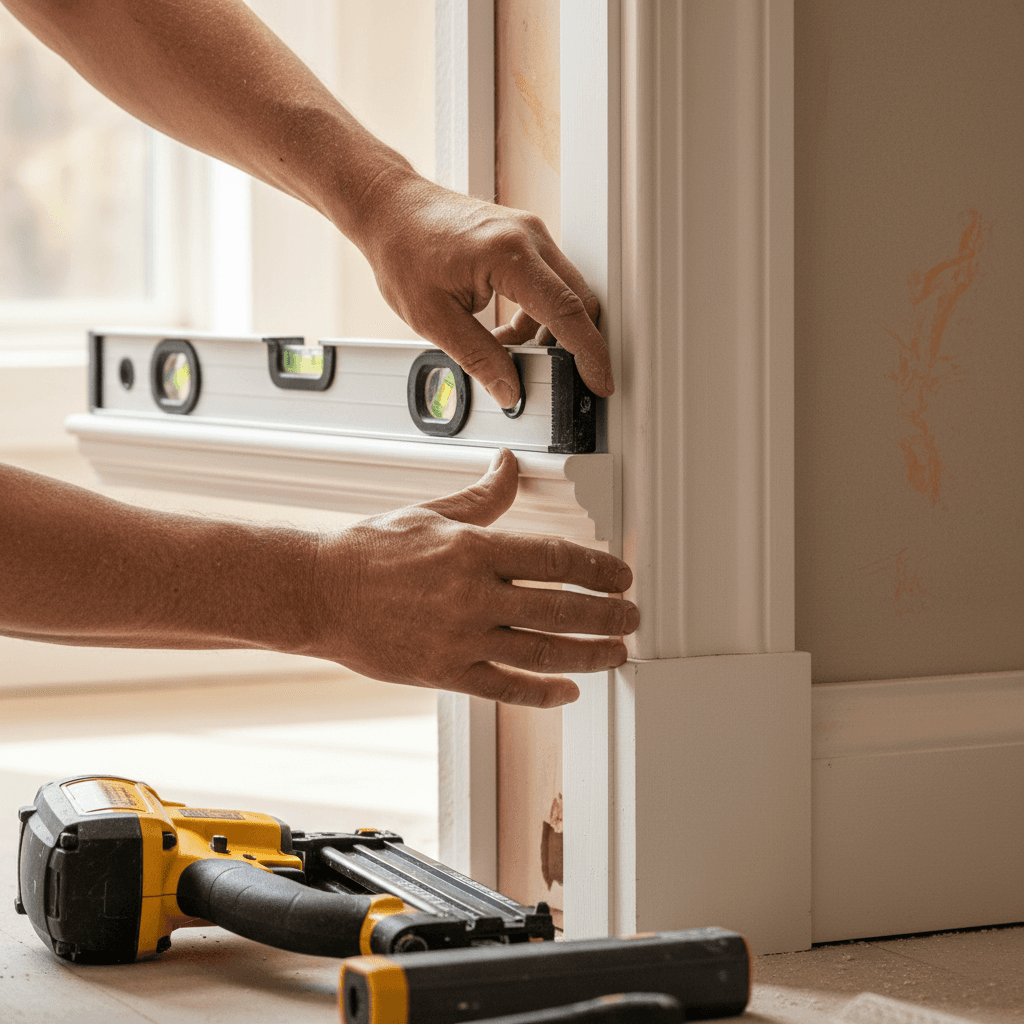 Handyman installing baseboards in a Panama City home